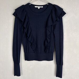 Veronica Beard size S centre ruffle frills crewneck metallic knit sweater navy